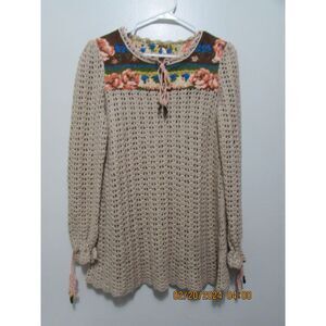 FREE PEOPLE SIZE L WOOL BLEND SWEATER BOHO FLORAL PRINT GRANNY CORE COTTAGE